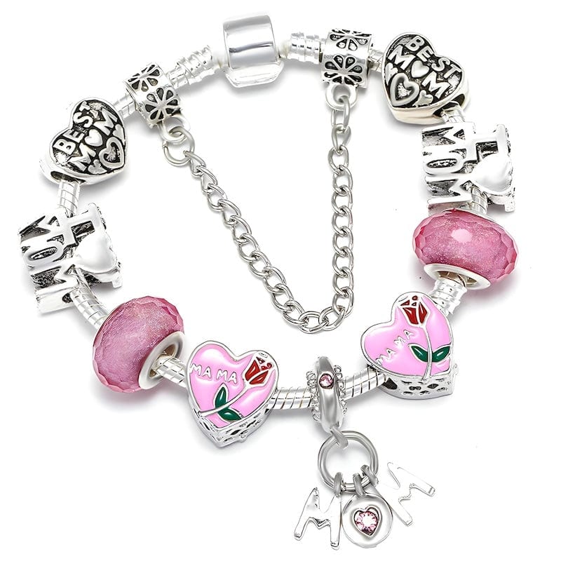 Best Mom Pink Beads Charm Bracelet bracelet by Unique Leather Bracelets