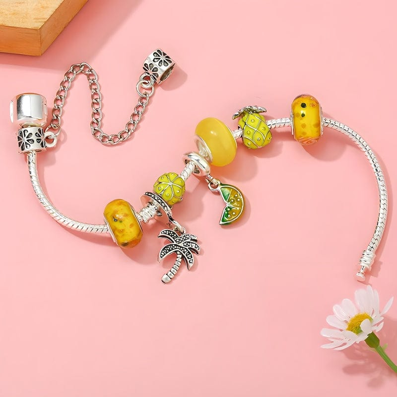 Palm Tree Tropical Pineapple Lemon Charm Bracelet bracelet by Unique Leather Bracelets