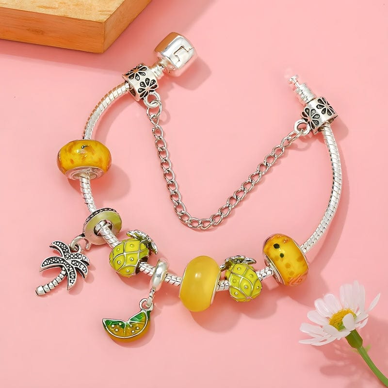 Palm Tree Tropical Pineapple Lemon Charm Bracelet bracelet by Unique Leather Bracelets