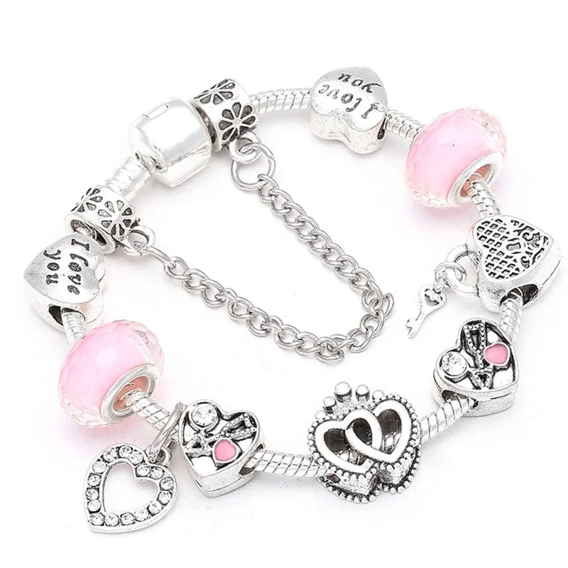 Silver Charm Bracelet with Heart and Pink Beads bracelet by Unique Leather Bracelets