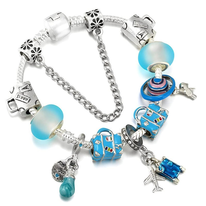 Travel Airplane Suitcase Charm Bracelet Charm Unique Leather Bracelets 16cm Silver/Blue 