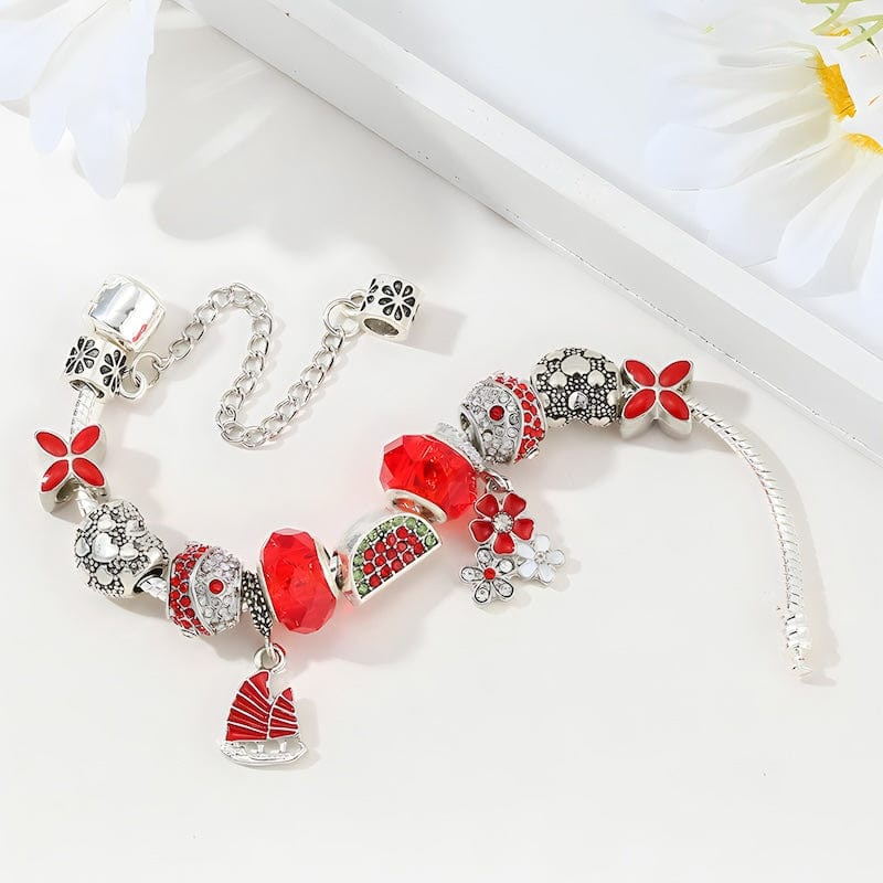 Watermelon & Flowers Red Beads Charm Bracelet bracelet by Unique Leather Bracelets