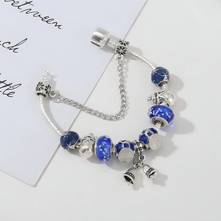 Winter Bells & Snowman Blue Beads Bracelet bracelet by Unique Leather Bracelets