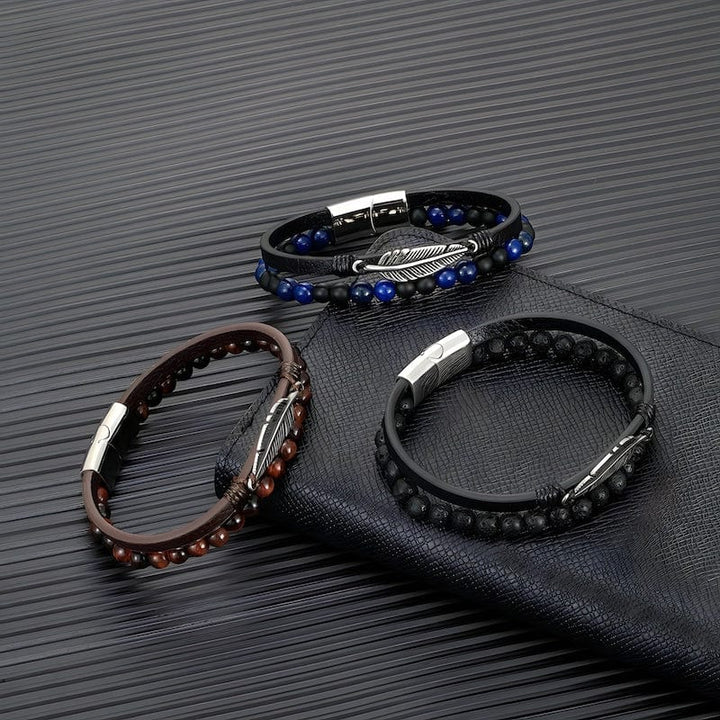 Stone Beaded Multilayer Leather Feather Bracelet bracelet by Unique Leather Bracelets