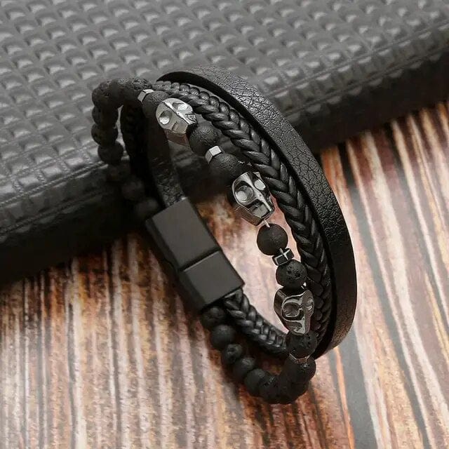 Wrap Bracelet Leather Mens Stack Bead Skull bracelet by Unique Leather Bracelets