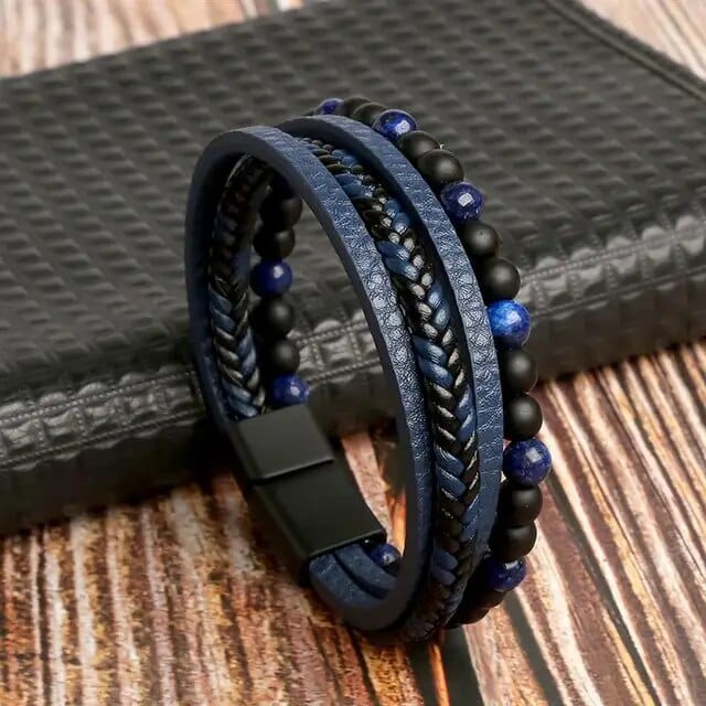 Wrap Bracelet Leather Mens Stack Braid Bead bracelet by Unique Leather Bracelets